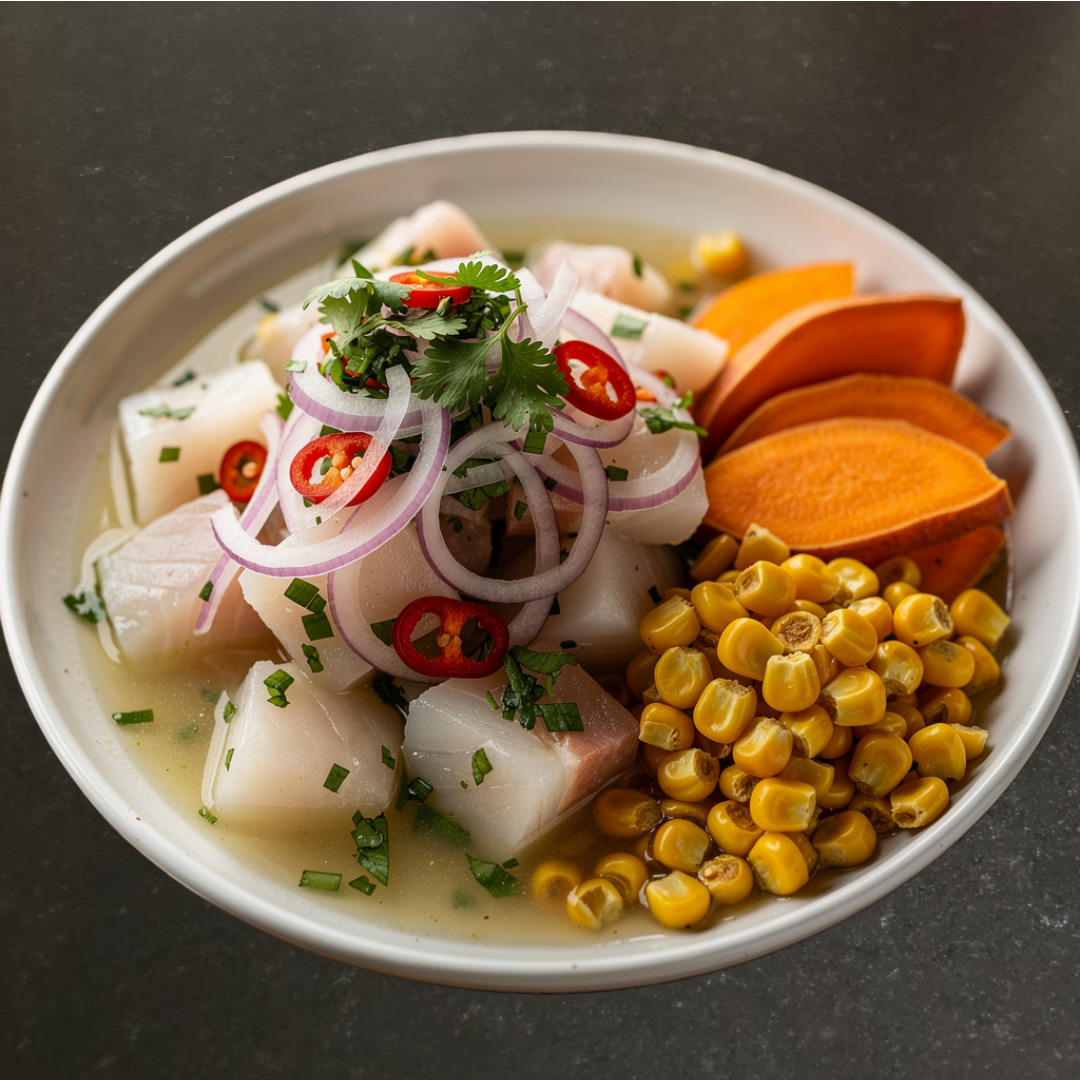 Ceviche maison signé GR Miski avec présentation traiteur raffinée.